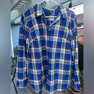 A Talbots size, large multi colored plaid, long sleeve shirt.